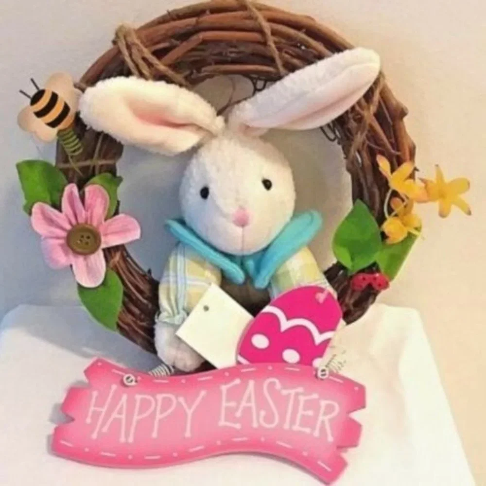 Easter Wreath GRAPEVINE with Stuffed Bunny Ladybug Flowers Wood Sign New